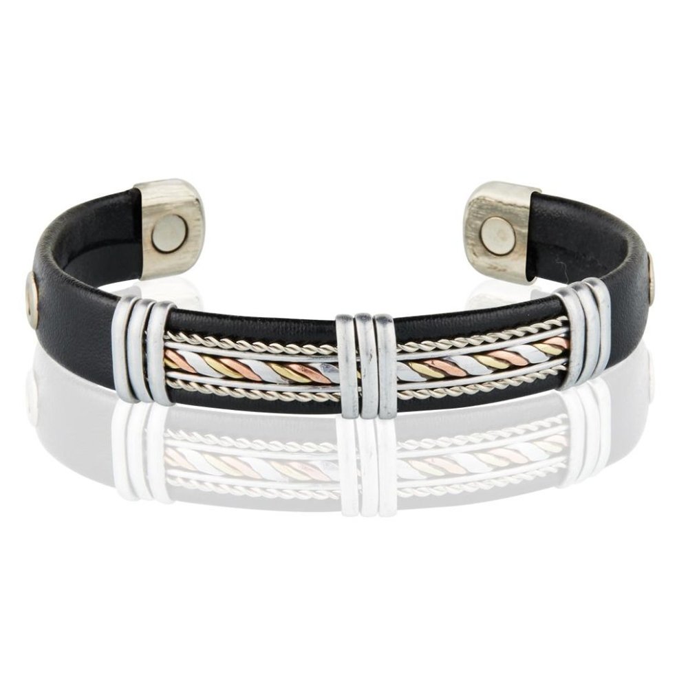Silver Two Tone Design Leatherette Solid Copper Magnetic Bracelet Cuff Bangle